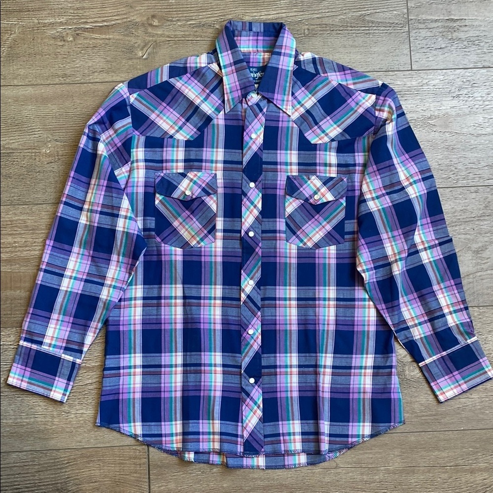 Vintage Mens Wrangler Blue Purple Plaid Casual Western Button Down Shirt 16-16.5